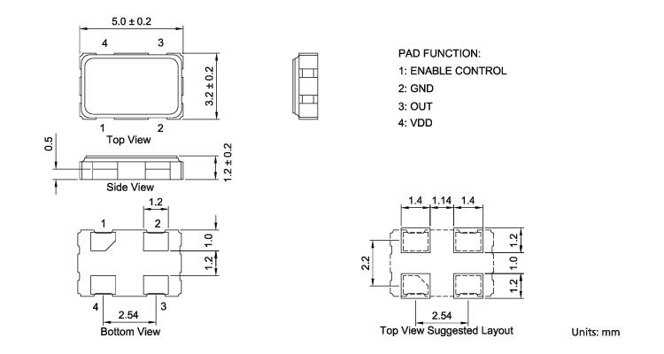  Automotive Grade Crystal Oscillator AOH5 Dimensions