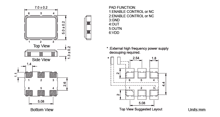 Quartz Crystal Differential Oscillator HCSL Output X7H Dimensions